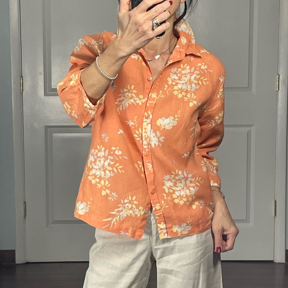 Relativity Floral Print 100% Linen Cropped Button Down Shirt size S